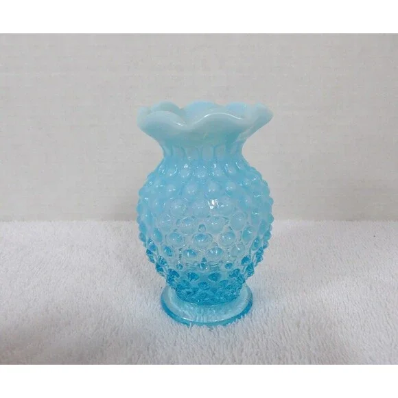 Fenton Vase Hobnail Aqua Blue Opalescent Glass Bud Small 3.5” Ruffle Edge Set 2 - Picture 3 of 16